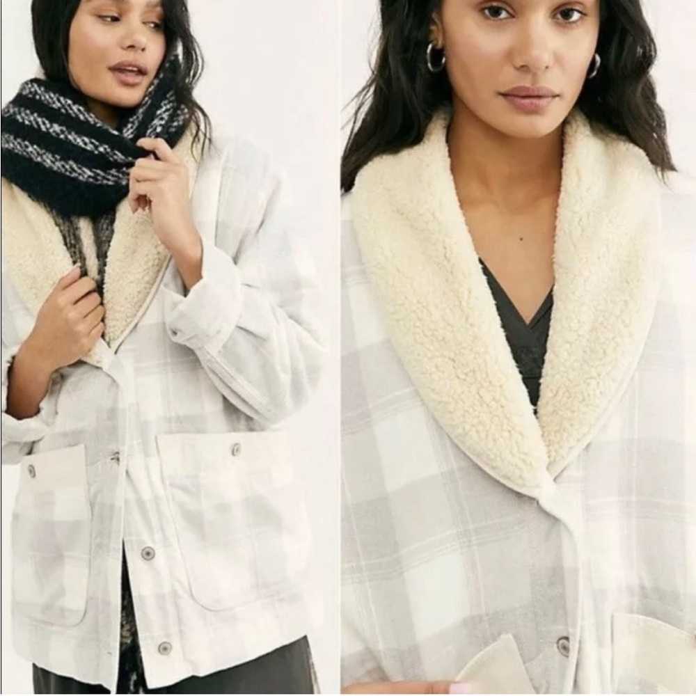 Free People Woodlands Plaid Cotton Flannel Sherpa Lined Shawl Collar Jacket Xs